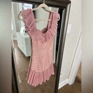 Saints + Secrets Blush Bohemian Off-The-Shoulder style dress.